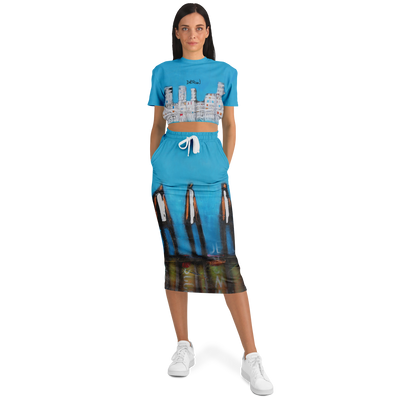 Athletic Cropped Short Sleeve Sweatshirt and Long Pocket Skirt Set – AOP Dress